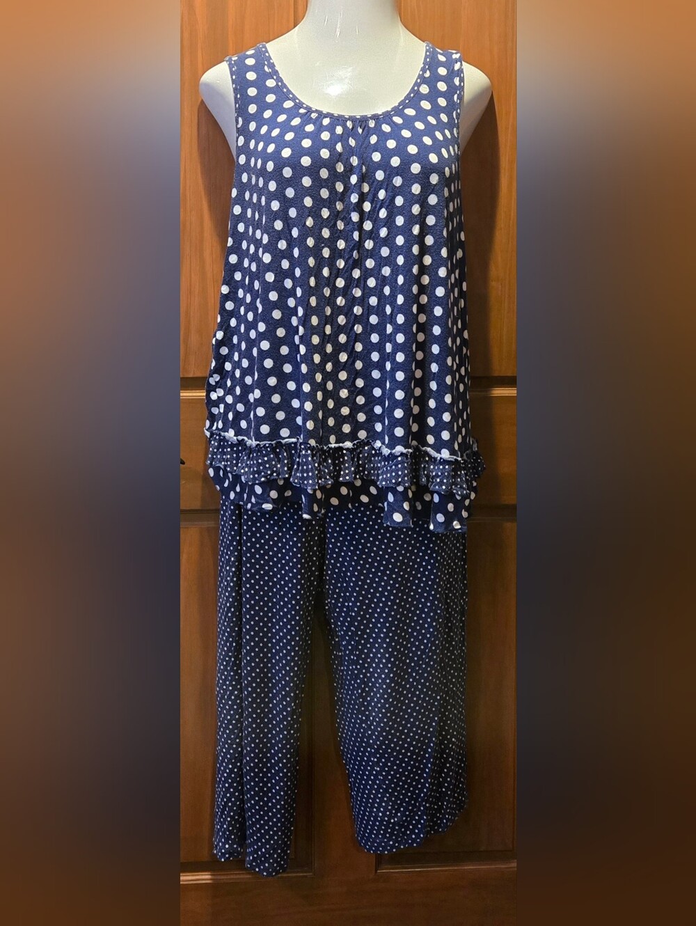 Ellen Tracy Navy and White Polka Dot Sleeveless Pajama Set